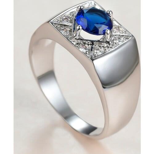 Blue Crystal Stone Ring Vintage Male Female Charm Silver Color Wedding Rings For Women Men Trendy Round Zircon Engagement Ring