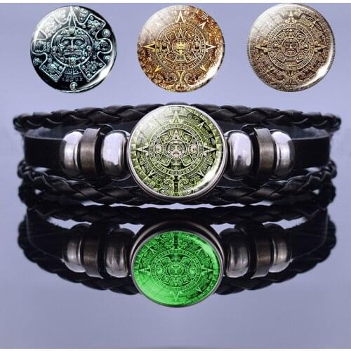 Luminous Mayan Aztec Calendar Steampunk Jewelry Mexican Glass Cabochon Art Braided Bangle Black Leather Bracelet for Women Men