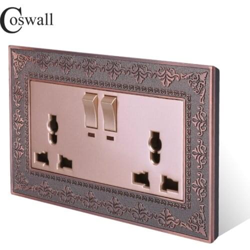 Coswall 2 Gang 13A Universal Switched Socket With Neon Embossing Retro Zinc Alloy Metal Panel Wall Power UK Outlet Gold Color