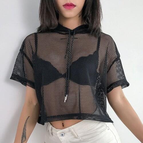 Women Summer Short Sleeve Hollow Out Mesh Sweatshirt Solid Hoodie Pullover Top Korean Black White WomenS Shirt Z0320