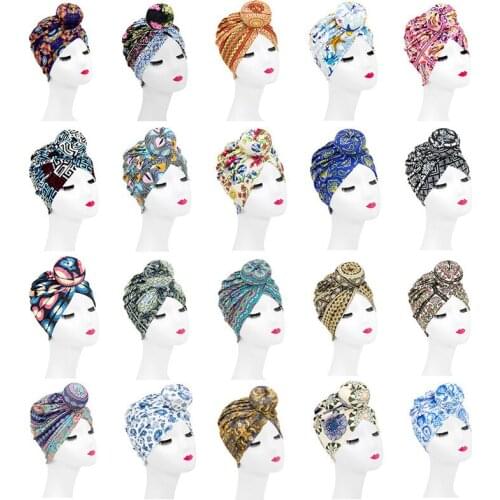 Print Bonnet Bandanas with Ball Headwrap for Women Elastic Turban Head Cap Headwear Beanies Washing Make Up Hat Hair Accessories