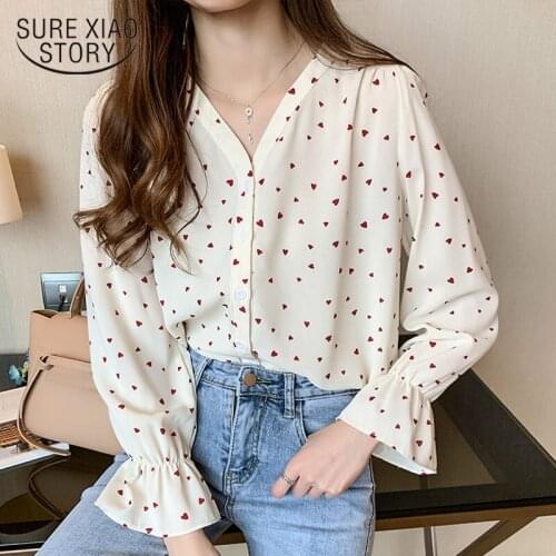 2020 Autumn New V-neck Long Sleeve Chiffon Blouse Women Elegant Printed Trumpet Sleeves Floral Tops Loose Chemisier Femme 10683