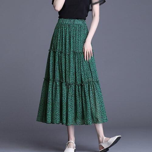 Spring Korean Floral Maxi Long Boho Chiffon Skirts Spliced Patchwork A-line Flower Print Ankle Long Summer Chiffon Skirts
