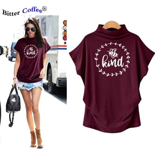 NEW Kind Bee Printing Women T Shirt Batwing Sleeve Turtleneck Summer T-Shirt Causal Tops Tee Shirt Femme Hipster Woman Clothes