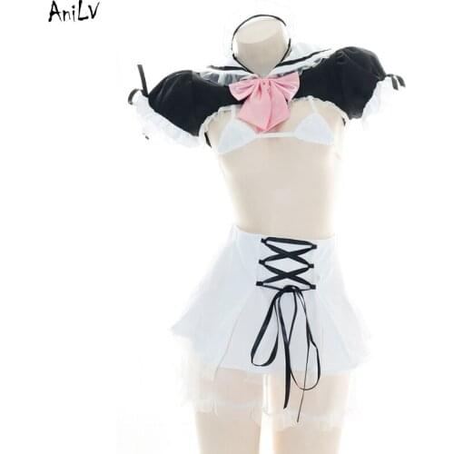 AniLV School Student Lolita Girl Maid Swimsuit Costume Sailor Tunic Skirt Bikini Swimwear Uniform Set Pool Party Cosplay