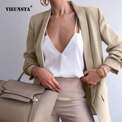 Womens Suit Coat Chic Shawl Collar Solid Color Middle Length Suit Coat Fashion Casual Slim Long Sleeve A Buckle Jackets Office
