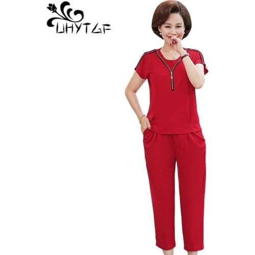 UHYTGF Womens tracksuit O neck pullover slim summer two piece set short sleeve top + pants 4XL plus size womenswear Genuine 1042