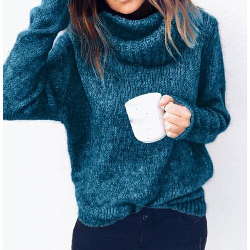 Women Autumn Solid Color Turtle Neck Long Sleeve Knitted Sweater Pullover Jumpers