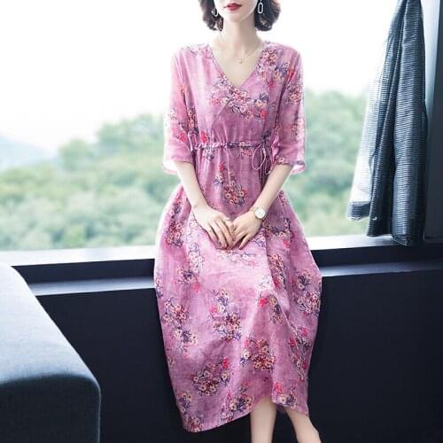 2021 Summer Pink Floral Cotton Linen Midi Sundress Vintage Korean 3XL Plus Size Elegant Women Beach Dress Bodycon Party Vestidos