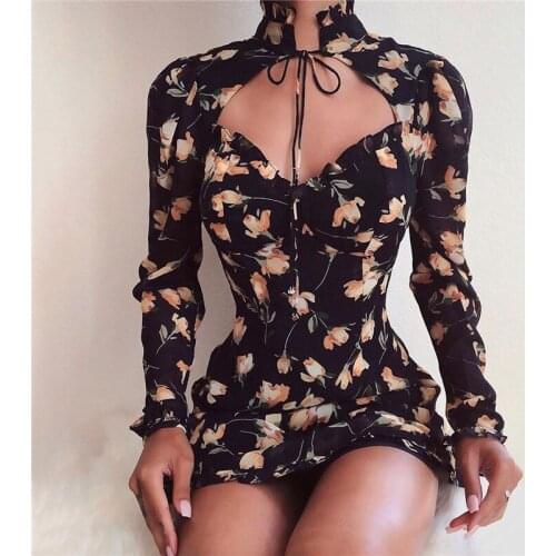Women’s Autumn Casual Long-sleeved Dress Fashion Floral High Collar Lace up Skinny Short Dresses Turtleneck Mini Ladies Vestido
