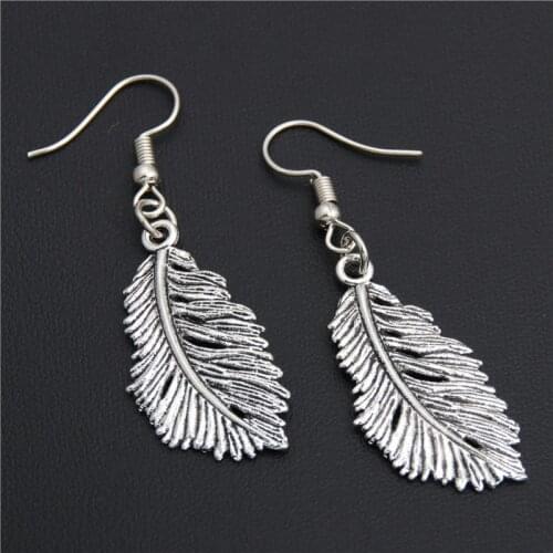 1(Pair) Silver Color Leaves Feather Shape Pendant Charms Earring Handmade For Women Jewelry E1943