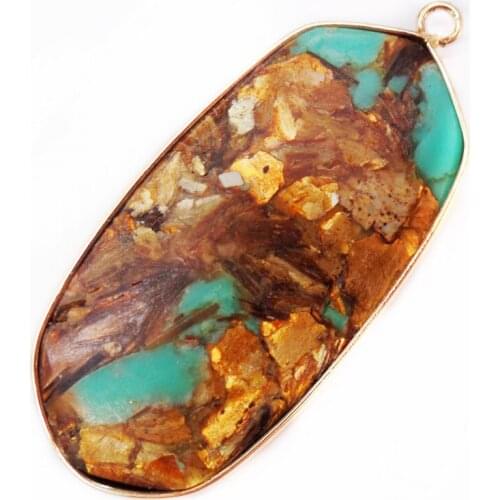 1Pcs 49x23x5mm Gold And Blue Sea Sediment Jasper & Pyrite Oblong Metal Package Edge Pendant Bead DIY Jewelry Accessories S845