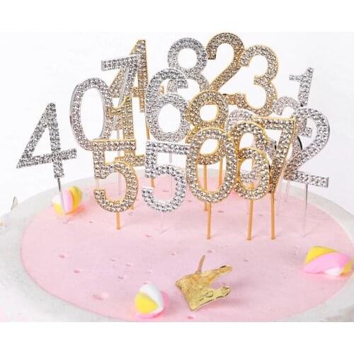 1Pc Glitter Alloy Rhinestone Number Cake Toppers Baby Shower Birthday Decoration Wedding Gold Silver Digital Cake Dessert Decor