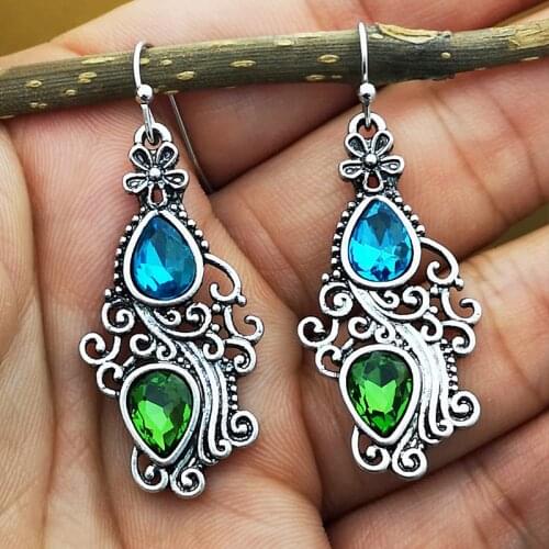 2 Pcs/Set Female Earrings Charm Water Drop Carved Blue Green Crystal Silver Color Earring Set National Style Women Jewelry