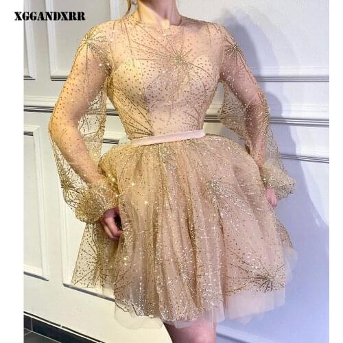 Sparly Above Knee Prom Dress 2022 Tulle Keyhole Back Mini Champagne Full Sleeves Evening Dress Or Custom Made