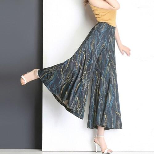 Spring Fall New Womens High Waisted Floral Printed Flare Ankle Length Pants , Autumn Big Bell Bottom Trousers for Woman