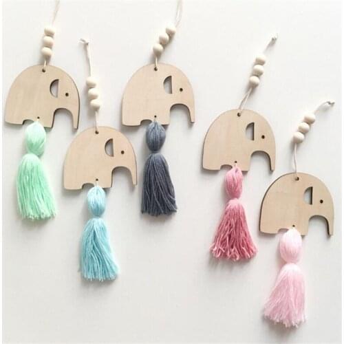 Nordic Style Cute Elephant Shape Wooden Beads Tassel Pendant Kids Room Decoration Wall Hanging Ornament Photography Accessories