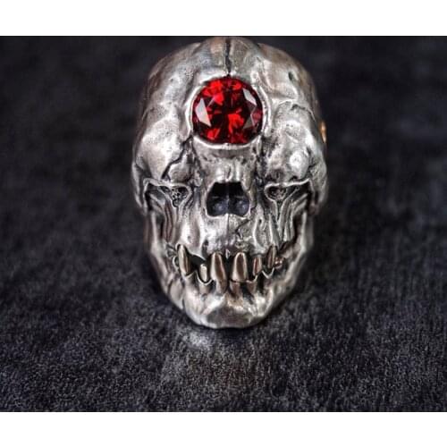 Red One-Eyed Demon Stainless Steel Rings CZ Crystal Cyclops Skull Ring Punk Gothic Biker Jewelry
