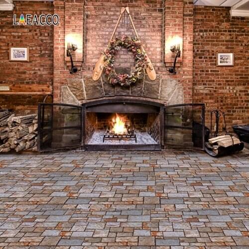Laeacco Brick Wall Wreath Fireplace Light Wood Floor Photography Backdrops Photo Backgrounds Christmas Decor Photophone Props