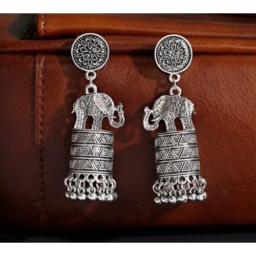 New Ethnic Silver Color Elephants Wedding Jewelry Earrings For Women Retro Vintage Geometry Indian Earrings