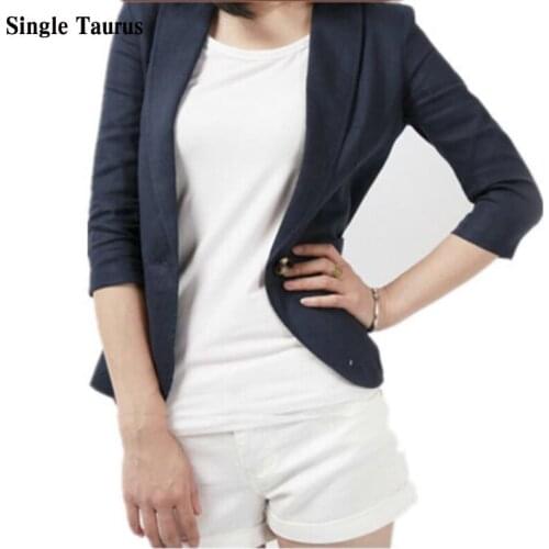 Cotton Linen Womans Blazers Fashion Casual Korean Blazer Feminino Three Quarter Sleeve Single Button Packets Elegant Women Coat