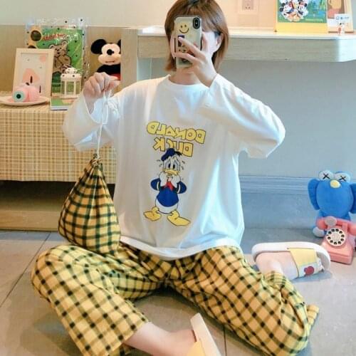 M-2XL Plus Size Cartoon Disney Donald Duck Pijama Feminino Inverno Long Sleeve White Black 2 Piece Lounge Set Women Night Wear