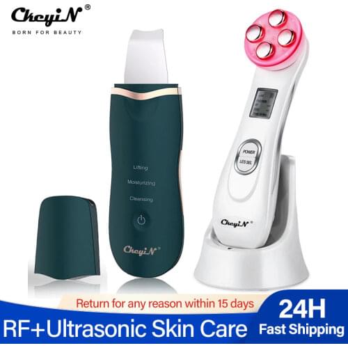 Radio Frequency Acne Wrinkle Remover with LED Light+Ultrasonic Lady Face Cleaning Peeling Machine Skin Scrubber Lifting Firming