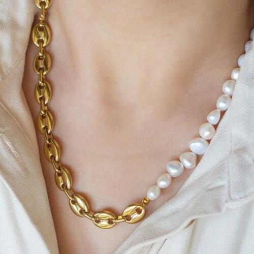 Rapper rock Luxury Fashion gold plated Coffee Bean chunky pig nose chain freshwater pearl necklace women Choker collares