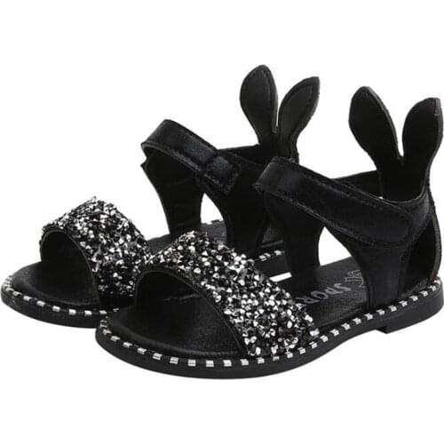 Girls Sandals Summer Kids Shoes Rabbit Diamond Black Leather Children Sandal Cute Pink Princess Toddler Baby Shoe