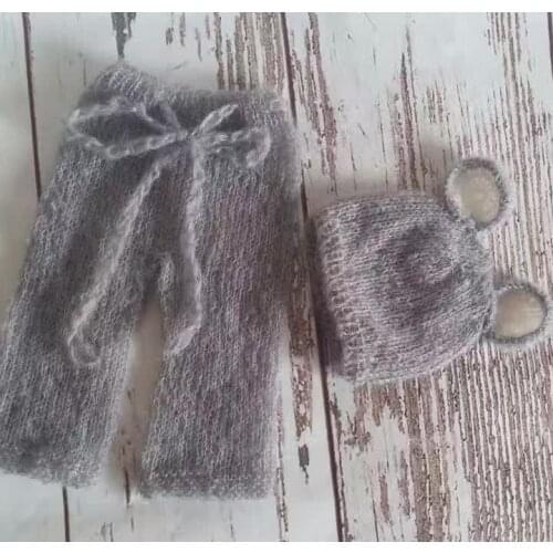 Grey Newborn Baby Boy Girl Mohair Set Knitted Newborn Bear Hat Prop Newborn Pants Baby Bonnet set Photography Props