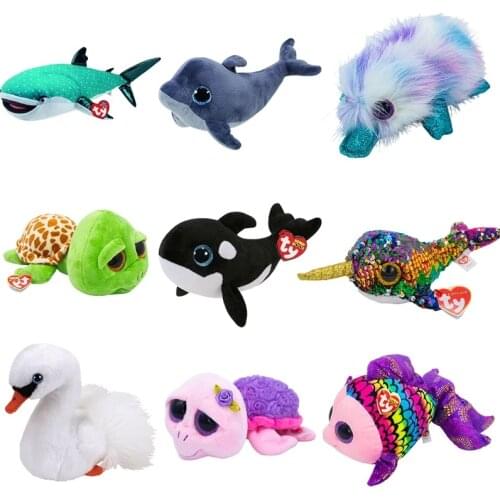 New 6"15CM Ty Big Eyes Beanie Marine Animal Series Fish Turtle Swan Cute Plush Toys Boys and Girls Christmas Birthday Gifts