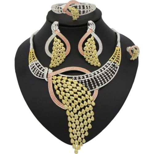 Yulaili Trendy Dubai Gold Jewelry Sets for Women Crystal Tricolor Pendant Necklace Earrings Charm Bracelet Ring Party Gifts