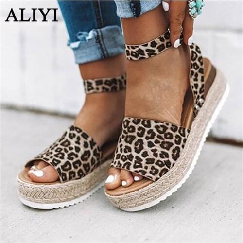 Women Platform Sandals New 2021 Buckle Strap Leopard Print Ladies Hemp Dress Shoes 35-43 Big Size Female Beach Sandals