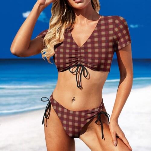Women 2021 Exotic Check Bikinis Minimalistic Childs Parchment Check Wallpaper Womens Swimsuit Drawstring Strap Swimwear Women