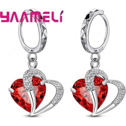 Romantic Gift for Lover Girlfriend Pure 925 Sterling Silver Cubic Zircon Heart Dangler Huggie Ear Bricons Pendientes Jewelry