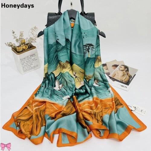 Retro Winter Silk Scarf Women Long Chinese Style Crane Print Shawl Warm Neckerchief Travel Shade Shawl Fashion Soft Lady Scarves