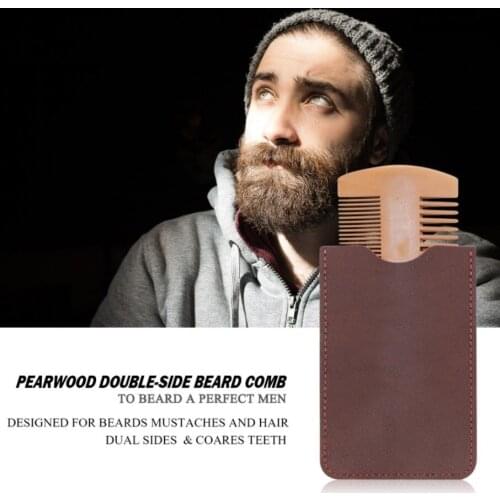 1PCS Pear Wood Wide Teeth+Fine Teeth Double-sided Comb+ PU Set Hair Style Tool Beard Portable Comb Care Wholesale Custom Logo