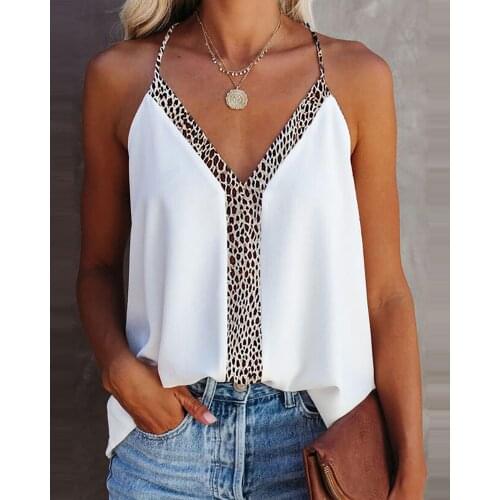 2021 Summer Fashion Women V Neck Leopard Print Colorblock Sleeveless Sexy Oversized Halter Tank Tops Casual Blouse Plus Size