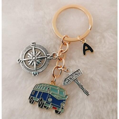 A-Z letter cute camper wagon keychain, I love camping trailer road sign compass keychain, vacation travel souvenir gift