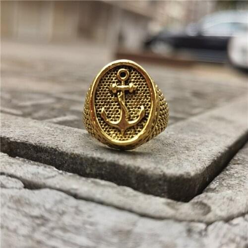 Antique Gold Color Oval Shape Anchor Rings for Men Womens Biker Ring Motorcycle Party Viking Ring Cool Hip Hop Jewelry Gifts