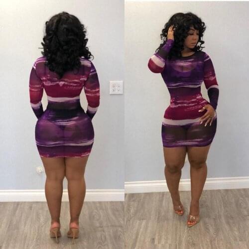 BKLD O-neck Long Sleeve Bodycon Mini Dress 2020 Spring Fashion Printed Sexy Mesh Sheer Dresses Party Night Club Wear Women