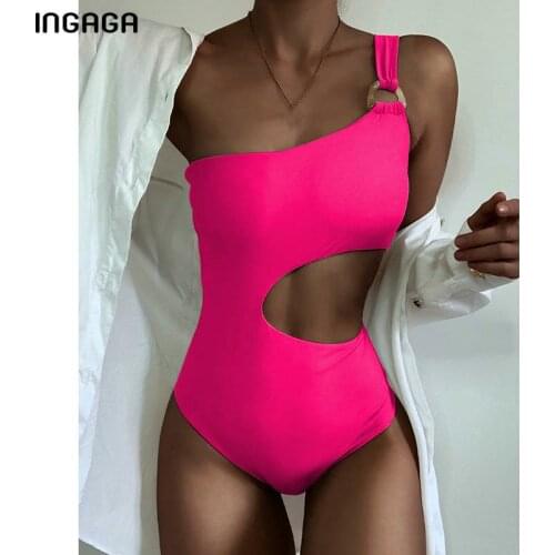 INGAGA Sexy Swimsuits One Piece 2021 One Shoulder Swimwear Women Solid Bathing Suit Cut Out Bodysuit Summer New Beachwear