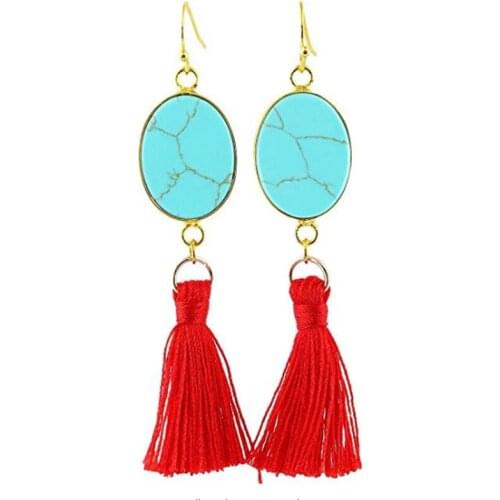 FYJS Unique Light Yellow Gold Color Oval Shape with Tassels White Howlite Stone Earrings Green Turquoises Jewelry