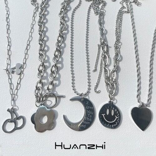 HUANZHI 2021 New Punk Silver Colour Metal Flower Smiley Heart Moon Cherry Pendant Necklace for Women Man Party Jewelry