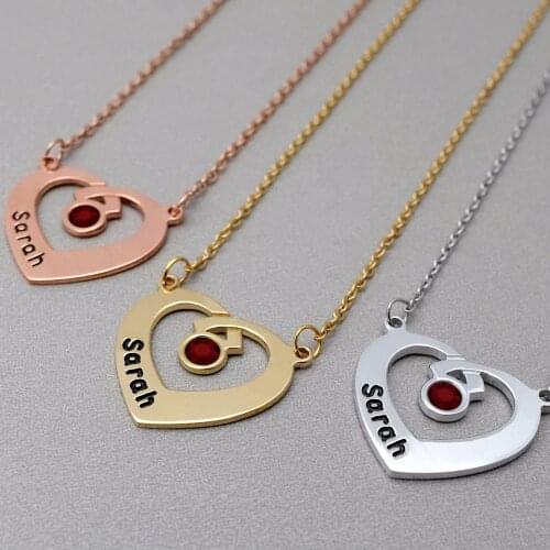Name Birthstone Necklace, Personalized Heart Necklace,Custom Birthstone Necklace,Gift for Her,Birthday Gift