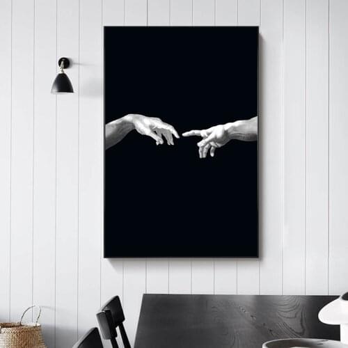 Hand To Hand on Black Ground Canvas Paintings on The Wall Art Posters Decor Creation of Adam Creativity Canvas Art Pictures