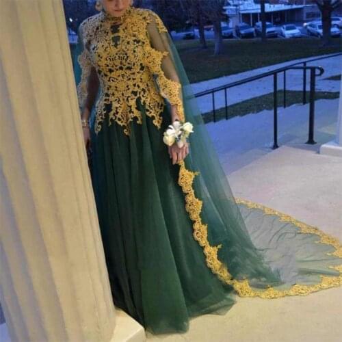Classic Green Moroccan Caftan Evening Dresses With Gold Applique Long Sleeve Muslim Arabic Prom Fashion Dresses Custom Made