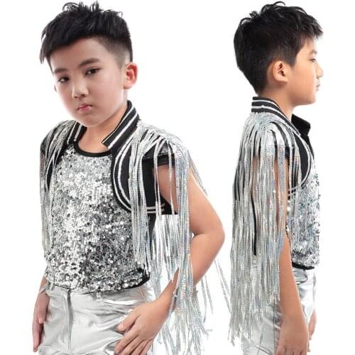 Hip Hop Costume Boys Sequined Tassel Shawl Jacket Jazz Performance Clothing Children Modern Street Dancing Stage Wear DNV12281