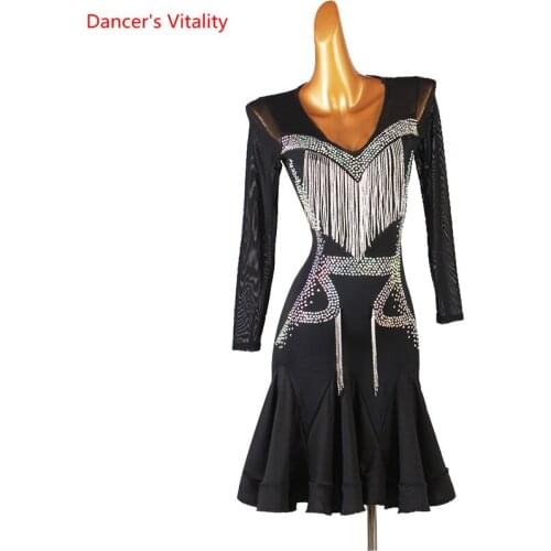 Latin Dance Dress Diamond V-neck Skirt Long Sleeve Performance Clothes High-End Custom Female Child Adult Competition Clothing