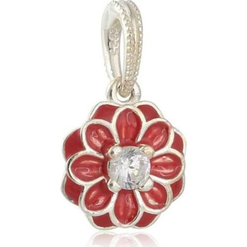 Summer 925 Sterling Silver beads Oriental Bloom Dangle with Red Enamel Charm Fit Original Pandora Charms Bracelet jewelry